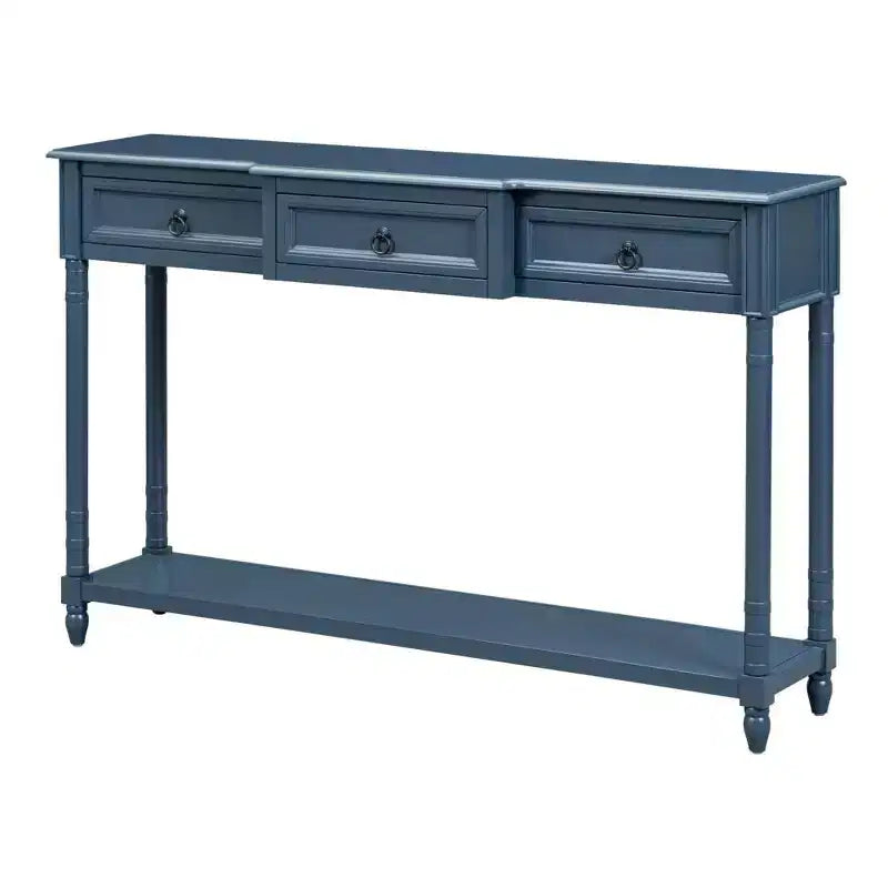 Console, table de canapé avec 3 tiroirs saillants, étagère inférieure longue ouverte, mobilier de maison rustique multifonctionnel pour entrée, bleu marine