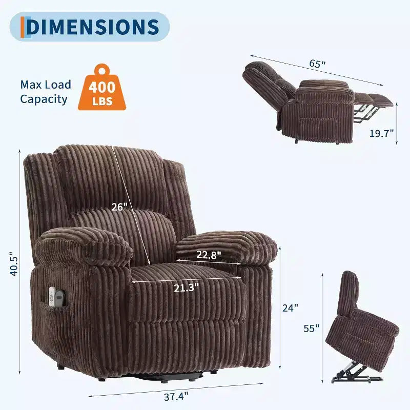 Fauteuil relax inclinable électrique Acekool avec chauffage et massage, revêtement en velours côtelé moelleux, fauteuil releveur électrique pour personnes âgées, salon