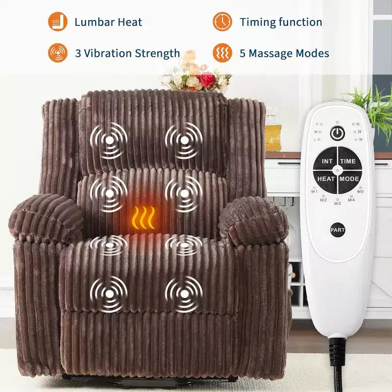 Fauteuil relax inclinable électrique Acekool avec chauffage et massage, revêtement en velours côtelé moelleux, fauteuil releveur électrique pour personnes âgées, salon