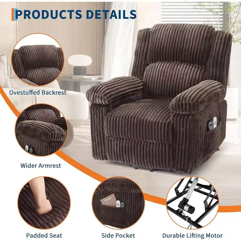 Fauteuil relax inclinable électrique Acekool avec chauffage et massage, revêtement en velours côtelé moelleux, fauteuil releveur électrique pour personnes âgées, salon