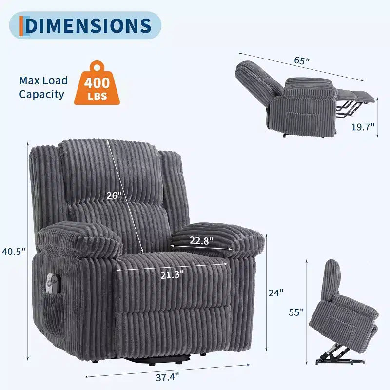 Fauteuil relax inclinable électrique Acekool avec chauffage et massage, revêtement en velours côtelé moelleux, fauteuil releveur électrique pour personnes âgées, salon