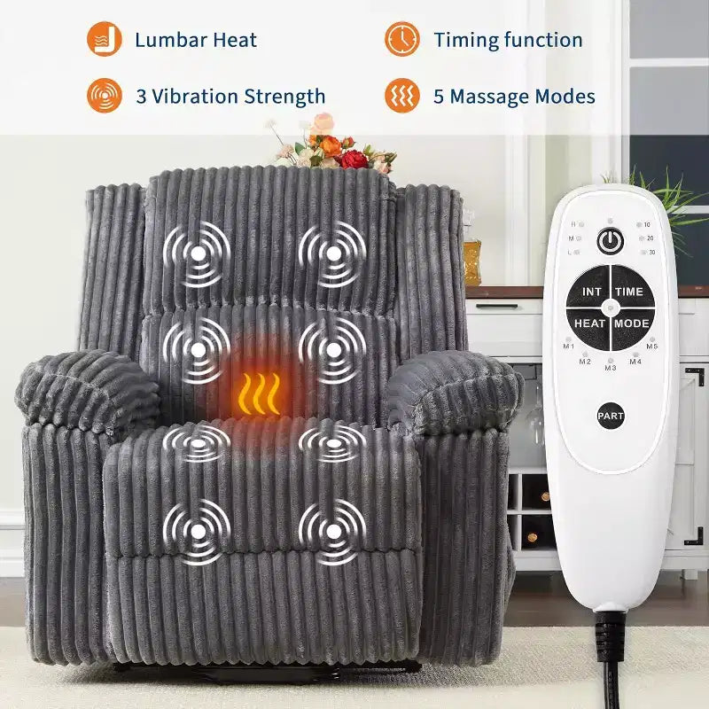 Fauteuil relax inclinable électrique Acekool avec chauffage et massage, revêtement en velours côtelé moelleux, fauteuil releveur électrique pour personnes âgées, salon