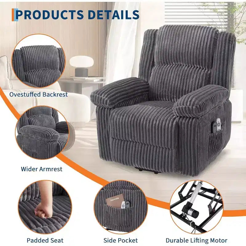 Fauteuil relax inclinable électrique Acekool avec chauffage et massage, revêtement en velours côtelé moelleux, fauteuil releveur électrique pour personnes âgées, salon