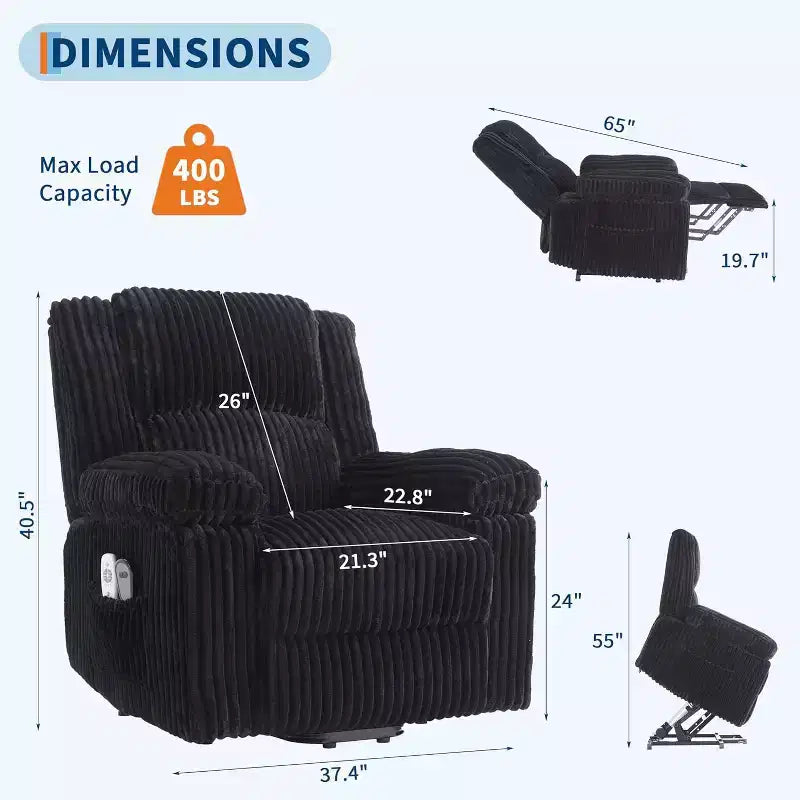 Fauteuil relax inclinable électrique Acekool avec chauffage et massage, revêtement en velours côtelé moelleux, fauteuil releveur électrique pour personnes âgées, salon