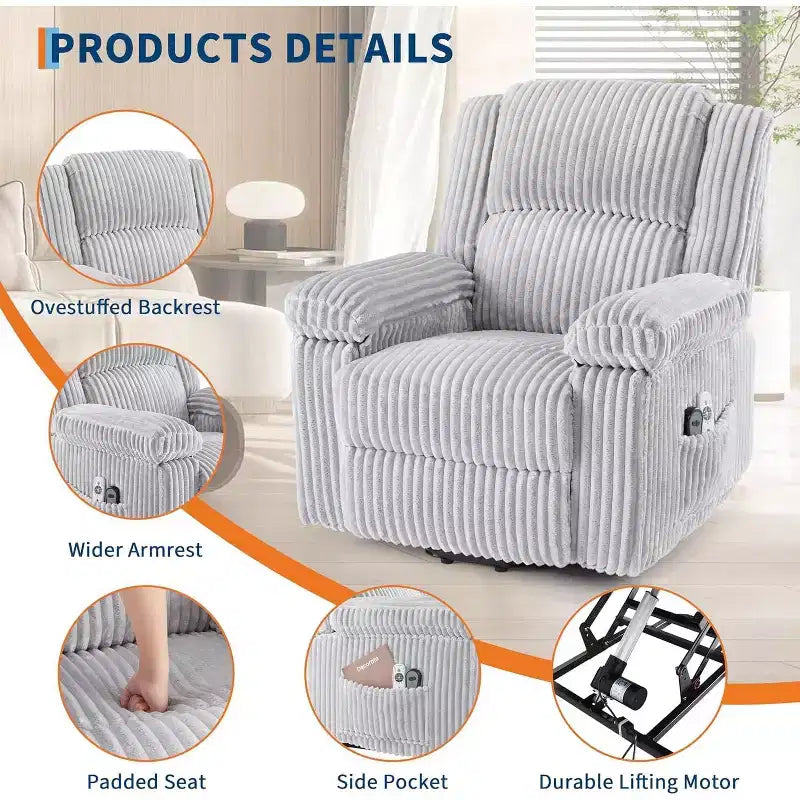 Fauteuil relax inclinable électrique Acekool avec chauffage et massage, revêtement en velours côtelé moelleux, fauteuil releveur électrique pour personnes âgées, salon