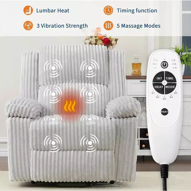 Fauteuil relax inclinable électrique Acekool avec chauffage et massage, revêtement en velours côtelé moelleux, fauteuil releveur électrique pour personnes âgées, salon