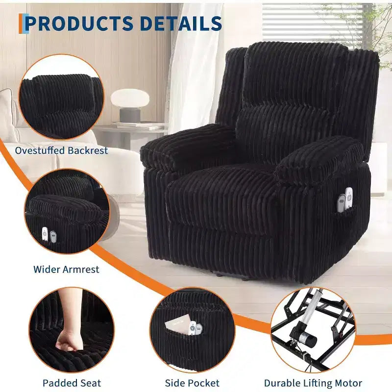 Fauteuil relax inclinable électrique Acekool avec chauffage et massage, revêtement en velours côtelé moelleux, fauteuil releveur électrique pour personnes âgées, salon
