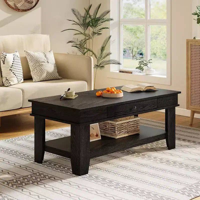 Table basse rectangulaire longue avec tiroir de rangement, style rustique, étagère ouverte, finition noire