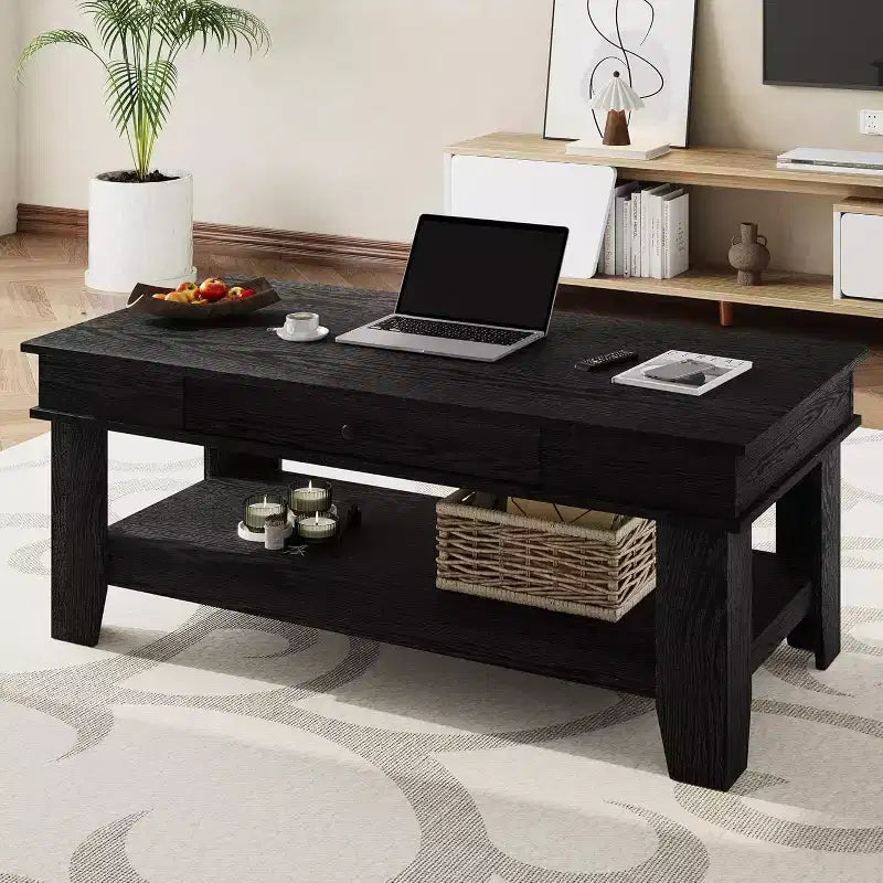 Table basse rectangulaire longue avec tiroir de rangement, style rustique, étagère ouverte, finition noire