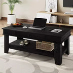 Table basse rectangulaire longue avec tiroir de rangement, style rustique, étagère ouverte, finition noire