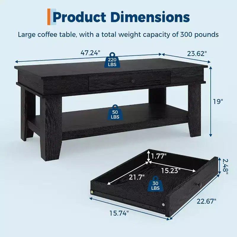 Table basse rectangulaire longue avec tiroir de rangement, style rustique, étagère ouverte, finition noire