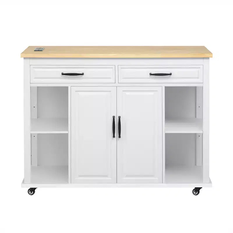 Dessert de cuisine mobile de 119 cm avec roues, table à manger extensible, prise électrique, 2 tiroirs et 2 placards - Solution de rangement polyvalente
