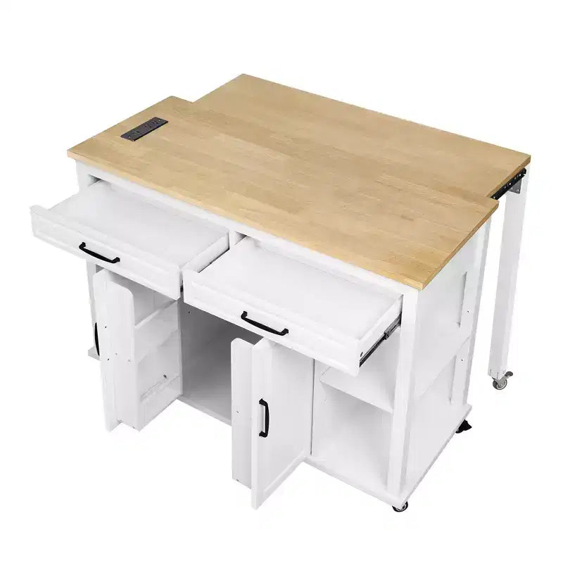 Dessert de cuisine mobile de 119 cm avec roues, table à manger extensible, prise électrique, 2 tiroirs et 2 placards - Solution de rangement polyvalente