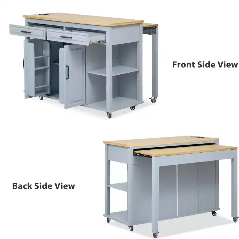 Dessert de cuisine mobile de 119 cm avec roues, table à manger extensible, prise électrique, 2 tiroirs et 2 placards - Solution de rangement polyvalente