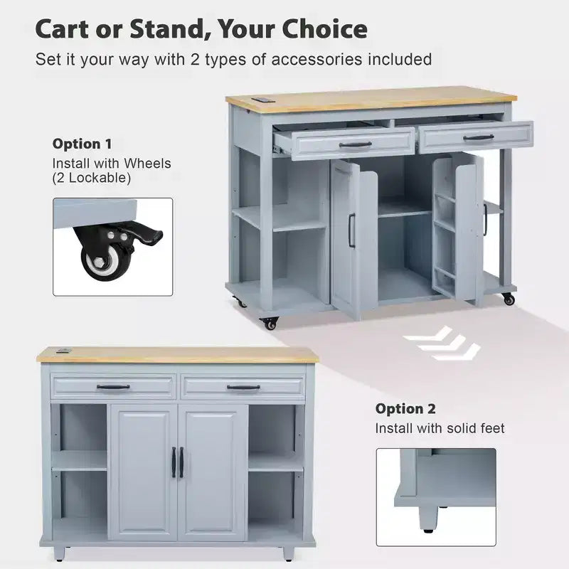Dessert de cuisine mobile de 119 cm avec roues, table à manger extensible, prise électrique, 2 tiroirs et 2 placards - Solution de rangement polyvalente
