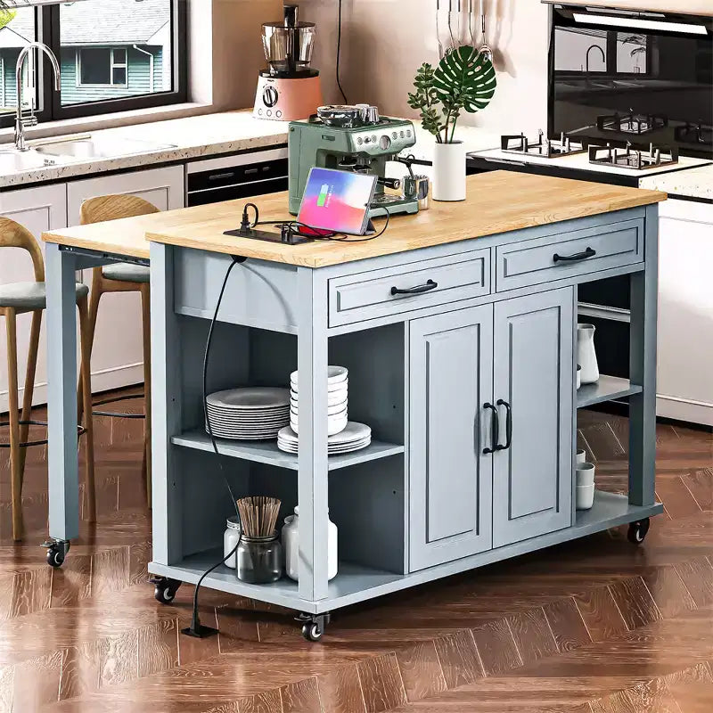 Dessert de cuisine mobile de 119 cm avec roues, table à manger extensible, prise électrique, 2 tiroirs et 2 placards - Solution de rangement polyvalente