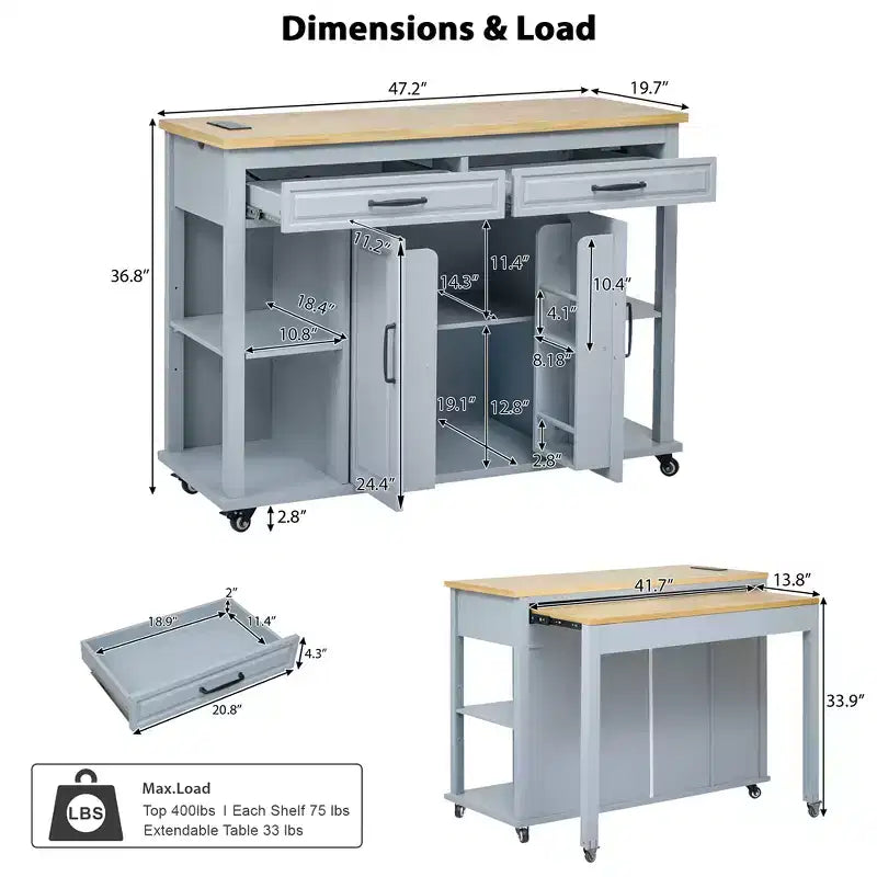 Dessert de cuisine mobile de 119 cm avec roues, table à manger extensible, prise électrique, 2 tiroirs et 2 placards - Solution de rangement polyvalente