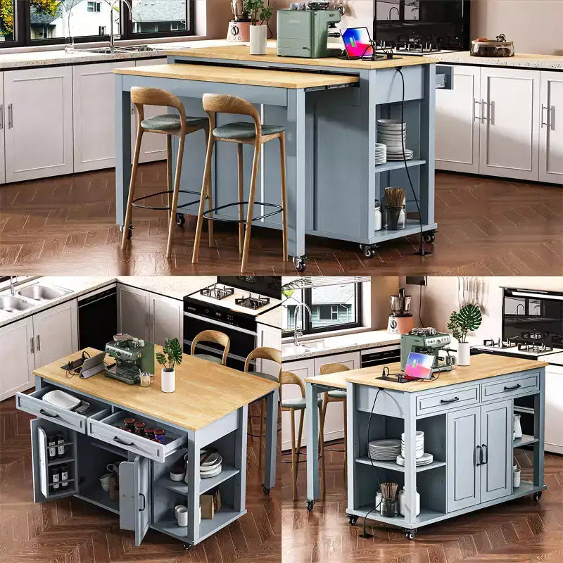 Dessert de cuisine mobile de 119 cm avec roues, table à manger extensible, prise électrique, 2 tiroirs et 2 placards - Solution de rangement polyvalente