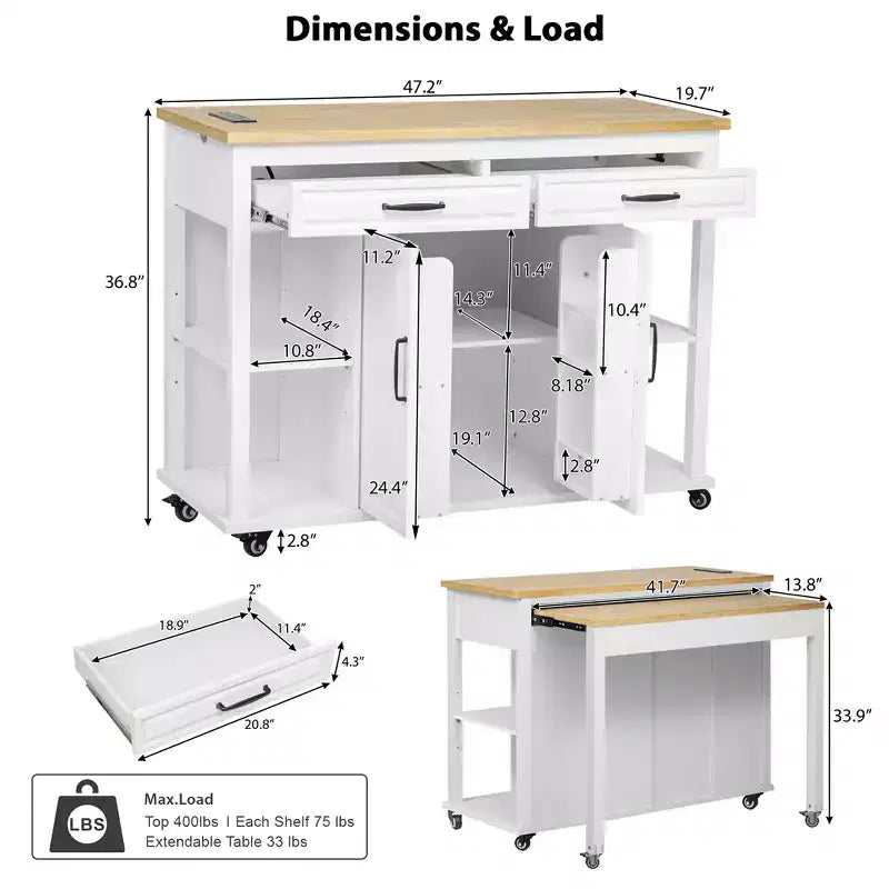 Dessert de cuisine mobile de 119 cm avec roues, table à manger extensible, prise électrique, 2 tiroirs et 2 placards - Solution de rangement polyvalente