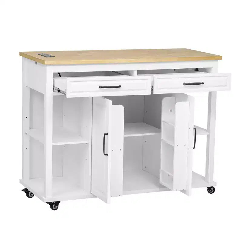 Dessert de cuisine mobile de 119 cm avec roues, table à manger extensible, prise électrique, 2 tiroirs et 2 placards - Solution de rangement polyvalente