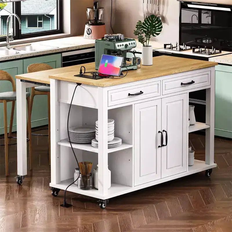 Dessert de cuisine mobile de 119 cm avec roues, table à manger extensible, prise électrique, 2 tiroirs et 2 placards - Solution de rangement polyvalente