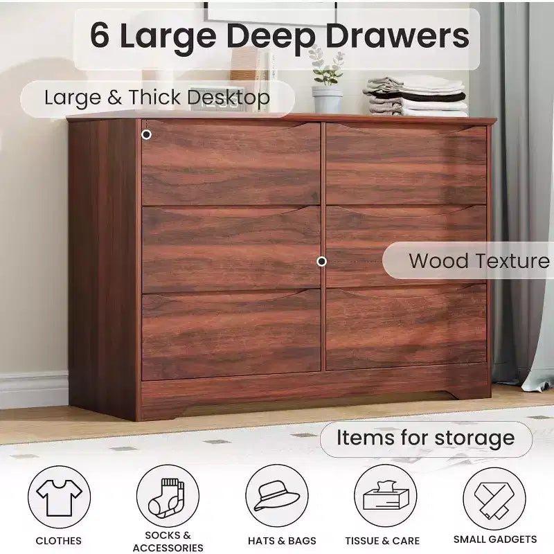 Commode en bois à 6 tiroirs, Armoire haute et moderne avec rangement profond, Grande commode avec plateau large, Commode de rangement longue pour chambre à coucher