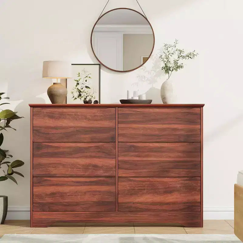 Commode en bois à 6 tiroirs, Armoire haute et moderne avec rangement profond, Grande commode avec plateau large, Commode de rangement longue pour chambre à coucher