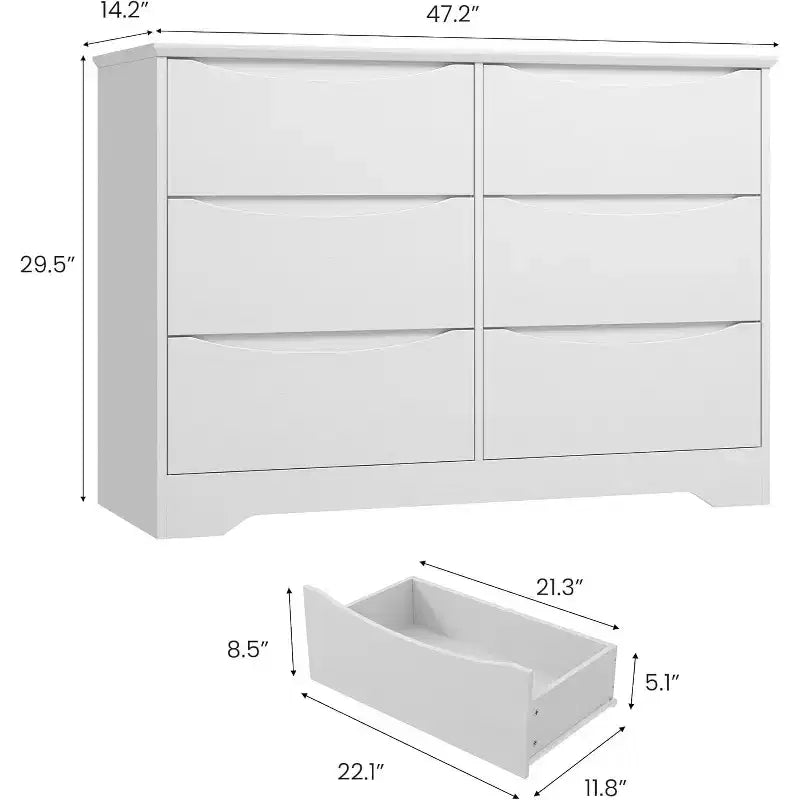 Commode en bois à 6 tiroirs, Armoire haute et moderne avec rangement profond, Grande commode avec plateau large, Commode de rangement longue pour chambre à coucher