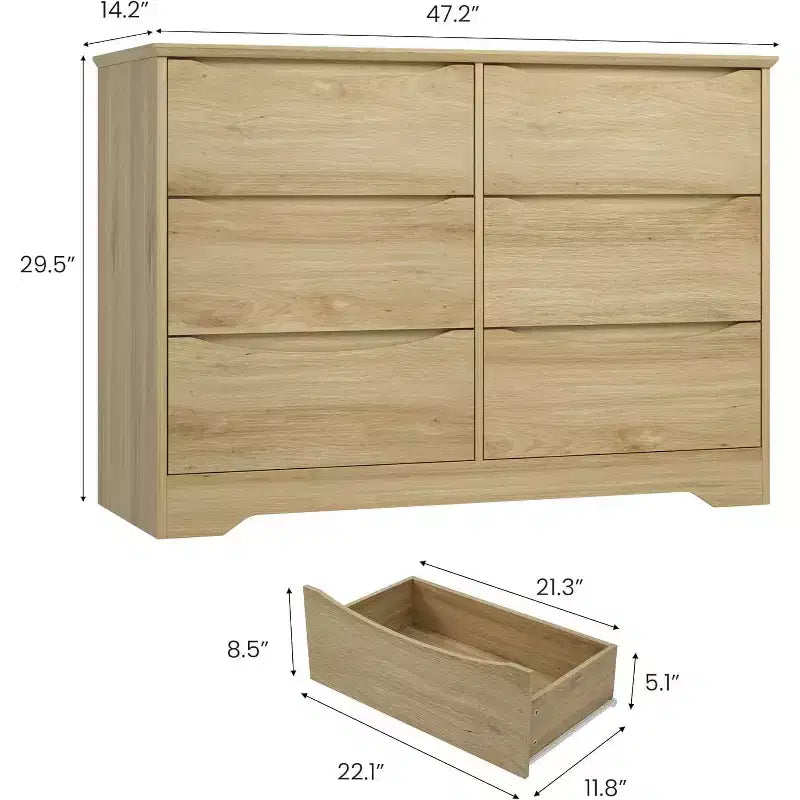 Commode en bois à 6 tiroirs, Armoire haute et moderne avec rangement profond, Grande commode avec plateau large, Commode de rangement longue pour chambre à coucher