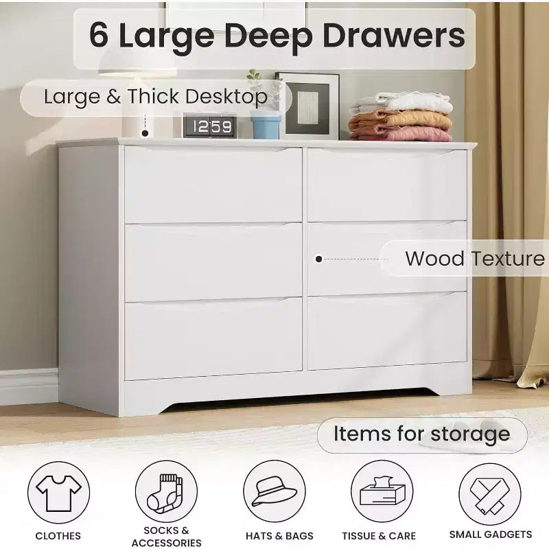 Commode en bois à 6 tiroirs, Armoire haute et moderne avec rangement profond, Grande commode avec plateau large, Commode de rangement longue pour chambre à coucher
