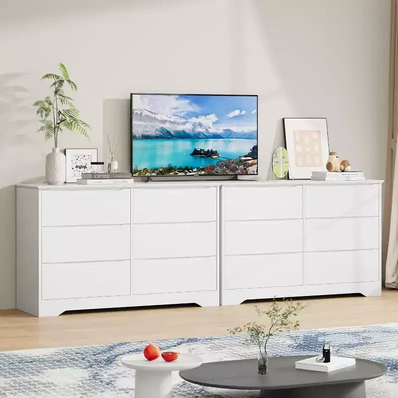 Commode en bois à 6 tiroirs, Armoire haute et moderne avec rangement profond, Grande commode avec plateau large, Commode de rangement longue pour chambre à coucher