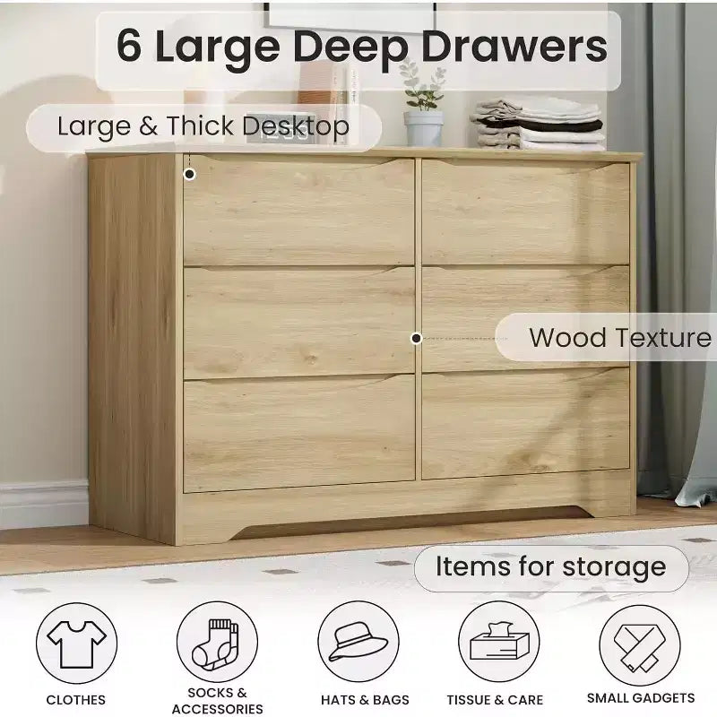 Commode en bois à 6 tiroirs, Armoire haute et moderne avec rangement profond, Grande commode avec plateau large, Commode de rangement longue pour chambre à coucher