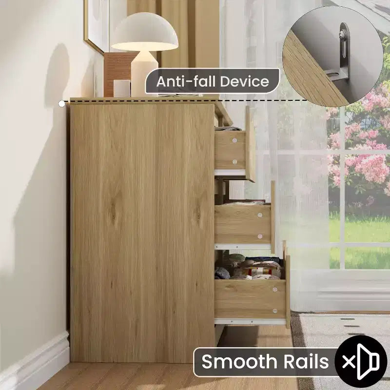 Commode en bois à 6 tiroirs, Armoire haute et moderne avec rangement profond, Grande commode avec plateau large, Commode de rangement longue pour chambre à coucher