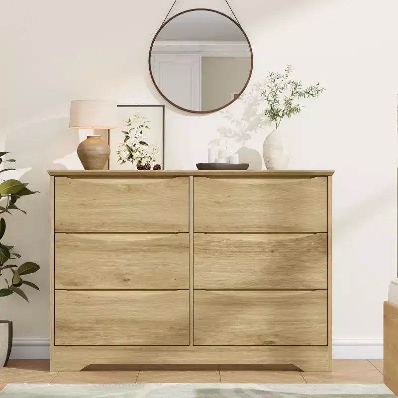 Commode en bois à 6 tiroirs, Armoire haute et moderne avec rangement profond, Grande commode avec plateau large, Commode de rangement longue pour chambre à coucher