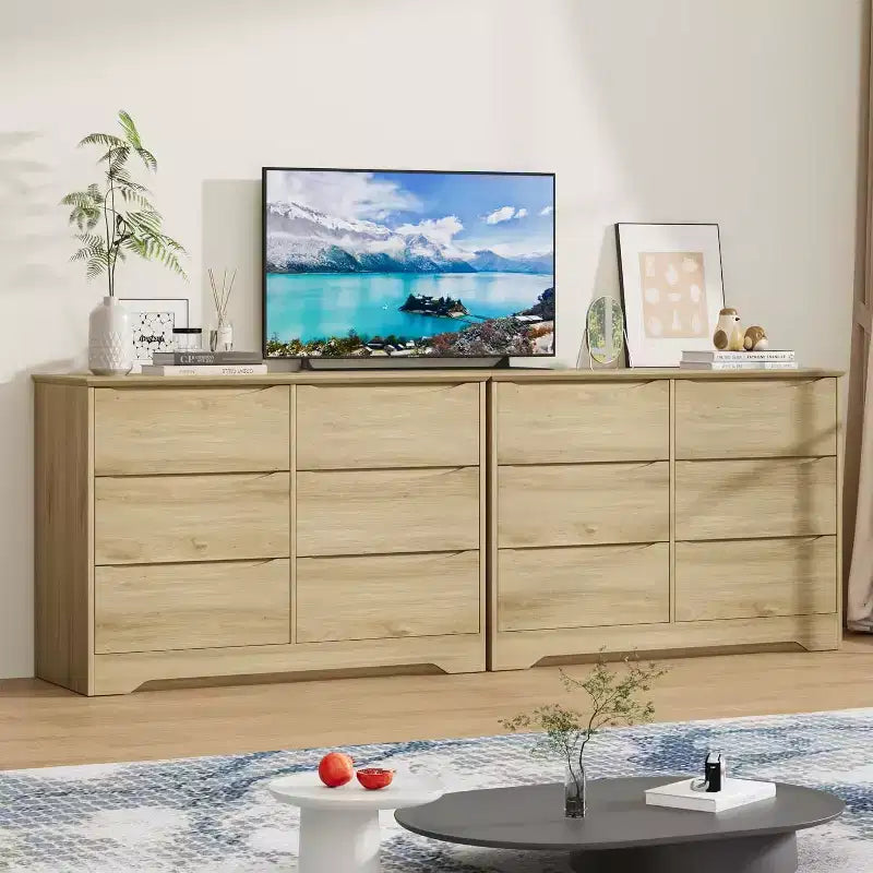 Commode en bois à 6 tiroirs, Armoire haute et moderne avec rangement profond, Grande commode avec plateau large, Commode de rangement longue pour chambre à coucher