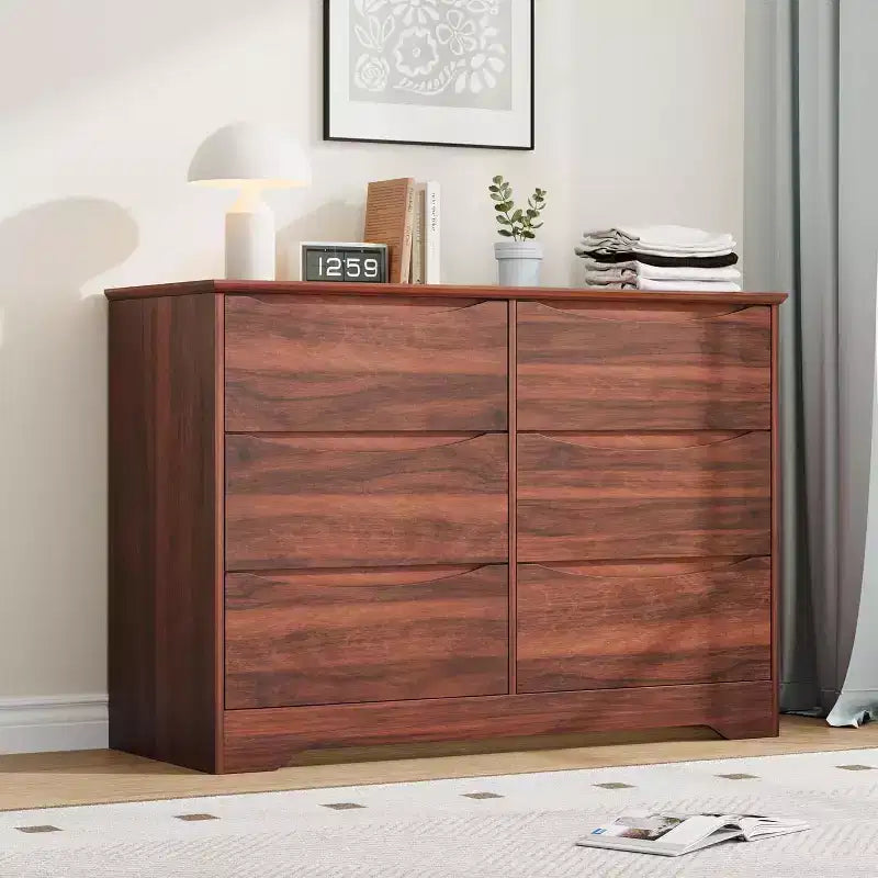 Commode en bois à 6 tiroirs, Armoire haute et moderne avec rangement profond, Grande commode avec plateau large, Commode de rangement longue pour chambre à coucher