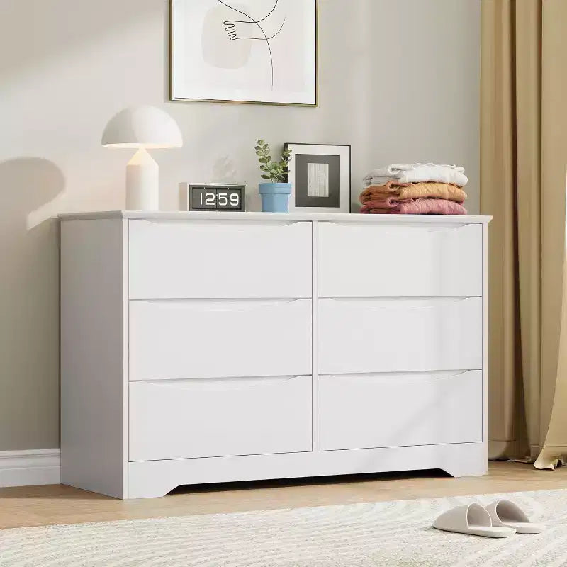 Commode en bois à 6 tiroirs, Armoire haute et moderne avec rangement profond, Grande commode avec plateau large, Commode de rangement longue pour chambre à coucher