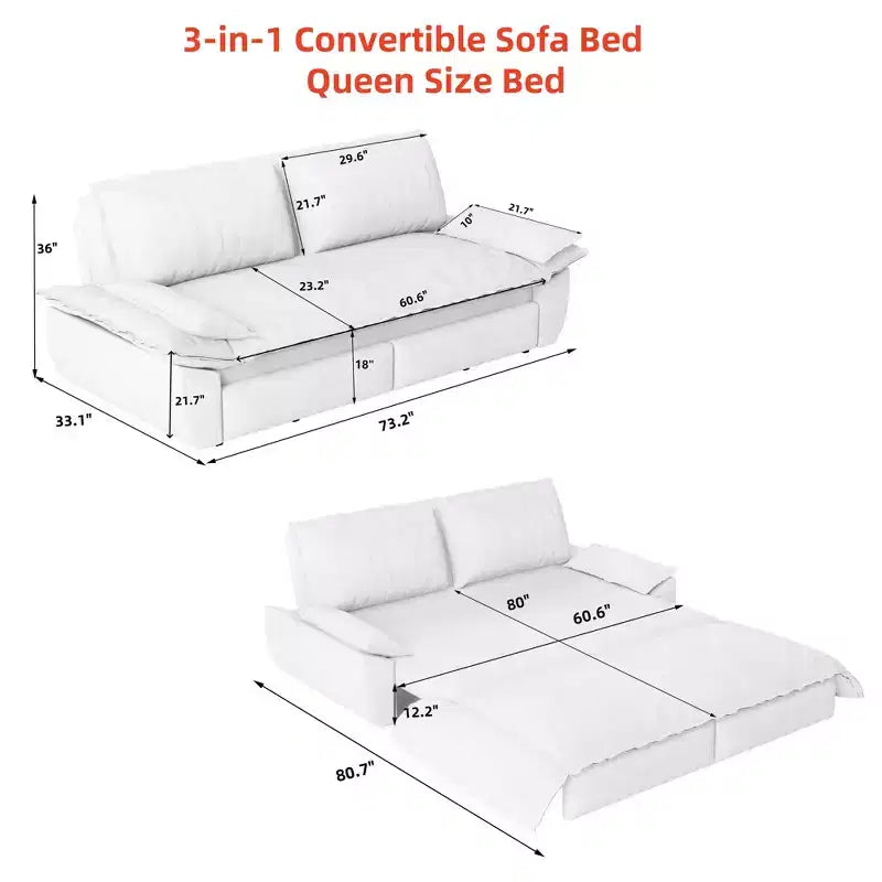 MAYEERTY Canapé-lit convertible 73.2 Queen, 3-en-1, Causeuse multifonctionnelle en velours orange