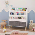Étagère à livres pour enfants avec 3 bacs de rangement en tissu, organisateur de livres en bois blanc pour les tout-petits et les enfants, présentoir à livres frontal avec pieds en pin