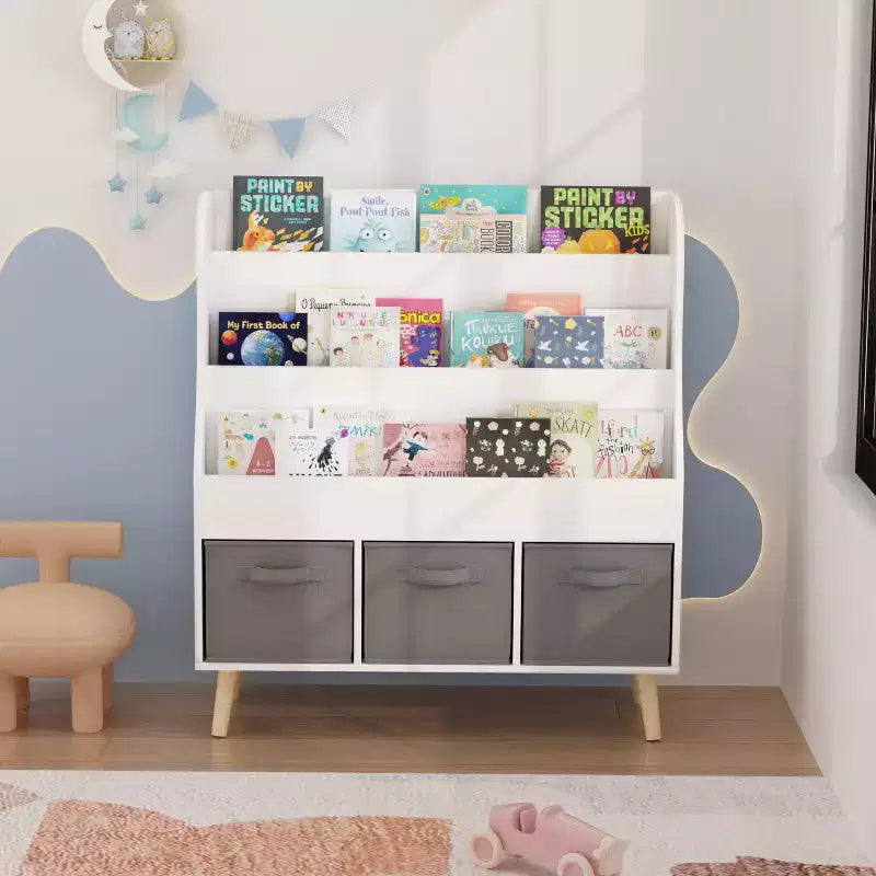Étagère à livres pour enfants avec 3 bacs de rangement en tissu, organisateur de livres en bois blanc pour les tout-petits et les enfants, présentoir à livres frontal avec pieds en pin