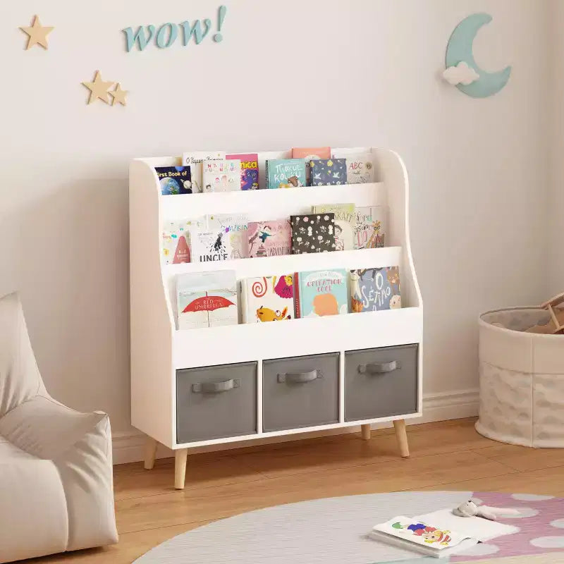 Étagère à livres pour enfants avec 3 bacs de rangement en tissu, organisateur de livres en bois blanc pour les tout-petits et les enfants, présentoir à livres frontal avec pieds en pin