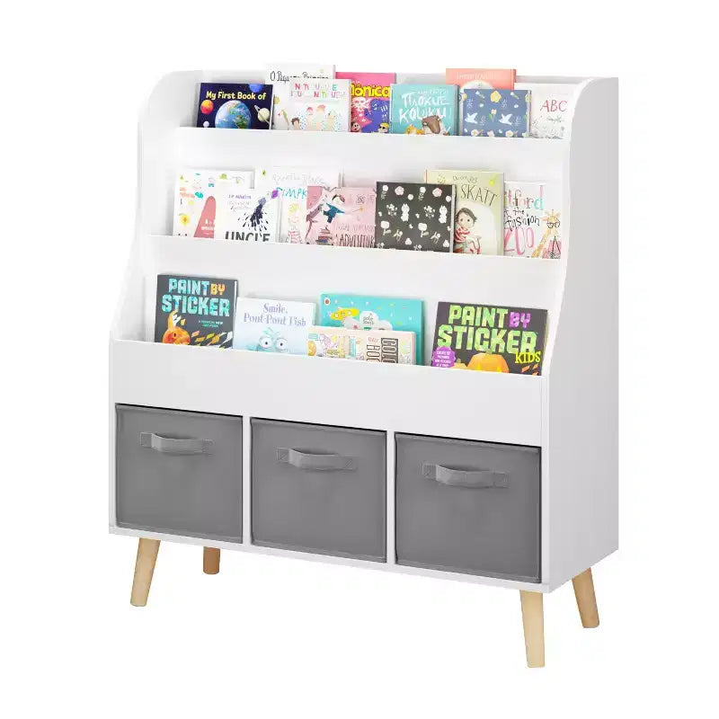 Étagère à livres pour enfants avec 3 bacs de rangement en tissu, organisateur de livres en bois blanc pour les tout-petits et les enfants, présentoir à livres frontal avec pieds en pin