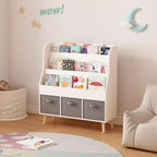 Étagère à livres pour enfants avec 3 bacs de rangement en tissu, organisateur de livres en bois blanc pour les tout-petits et les enfants, présentoir à livres frontal avec pieds en pin