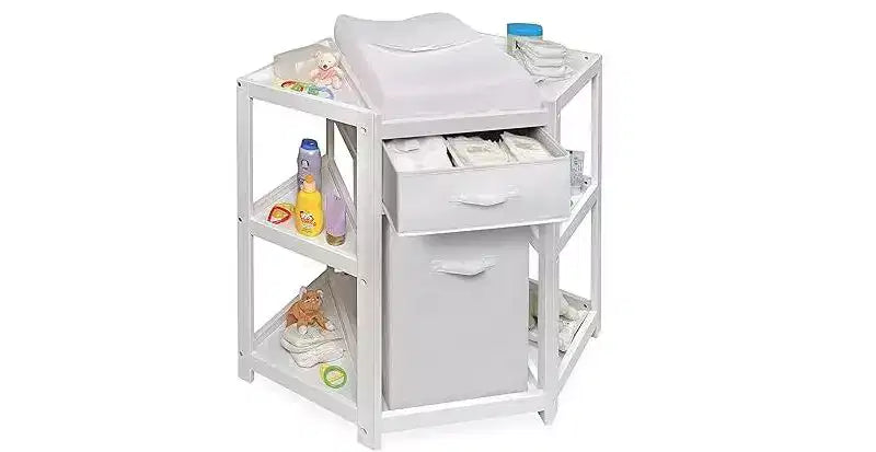 Table à langer d'angle HomeStock avec panier à linge et tiroir de rangement, organiseur de chambre de bébé peu encombrant avec ceinture de sécurité et matelas