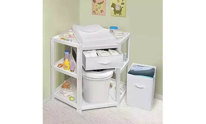 Table à langer d'angle HomeStock avec panier à linge et tiroir de rangement, organiseur de chambre de bébé peu encombrant avec ceinture de sécurité et matelas