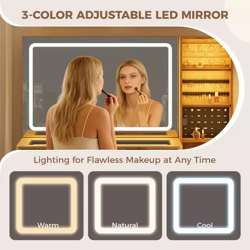Coiffeuse avec miroir et lumières, meuble de maquillage LED 3 couleurs avec tiroirs de rangement, coiffeuse en verre pour chambre à coucher