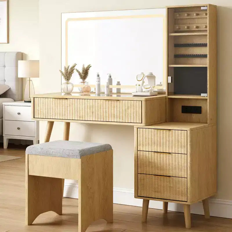 Coiffeuse avec miroir et lumières, meuble de maquillage LED 3 couleurs avec tiroirs de rangement, coiffeuse en verre pour chambre à coucher