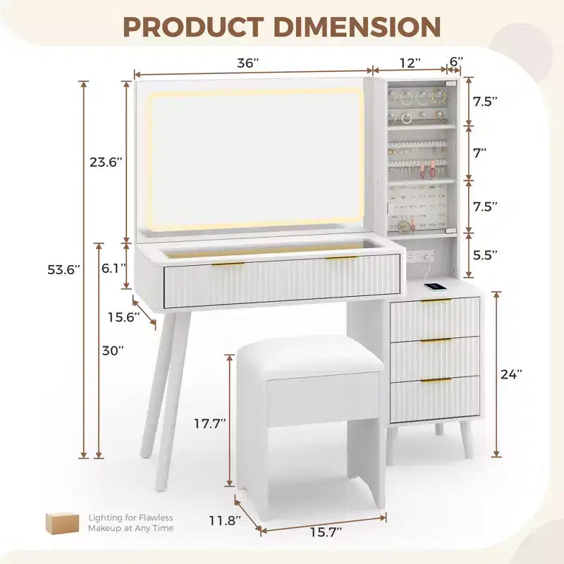 Coiffeuse avec miroir et lumières, meuble de maquillage LED 3 couleurs avec tiroirs de rangement, coiffeuse en verre pour chambre à coucher
