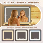 Coiffeuse avec miroir et lumières, meuble de maquillage LED 3 couleurs avec tiroirs de rangement, coiffeuse en verre pour chambre à coucher