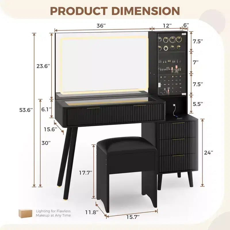 Coiffeuse avec miroir et lumières, meuble de maquillage LED 3 couleurs avec tiroirs de rangement, coiffeuse en verre pour chambre à coucher